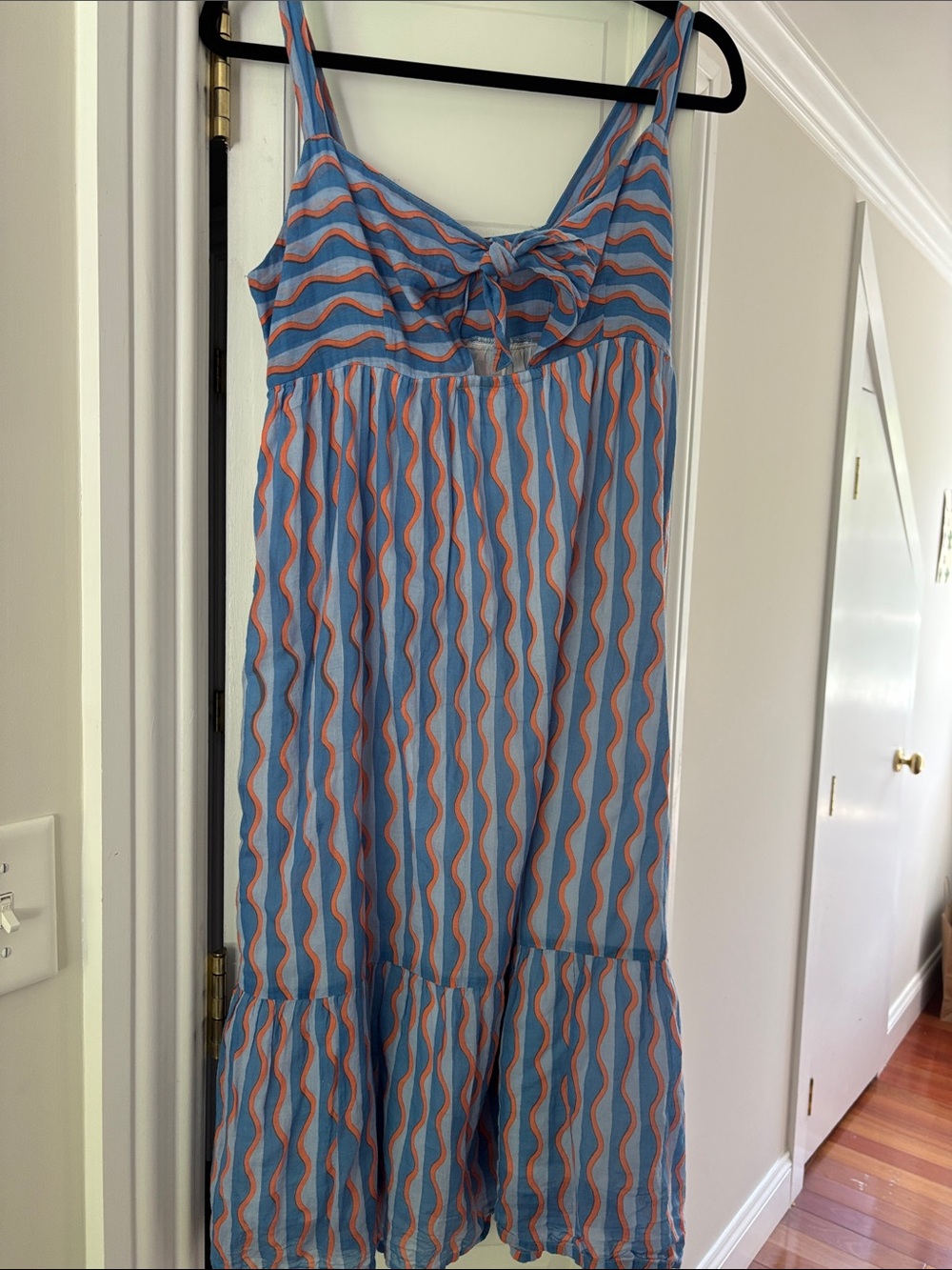 oliphant Blue Wave-Print Midi Dress with Tie Front